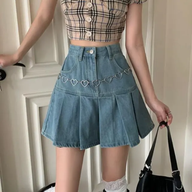 High Waist Was Thin Retro Flavor Pleated A line Skirt Trend Blue - Shop at LoveMi