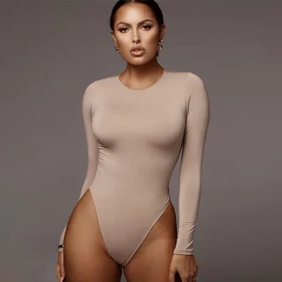 Women's O neck Long sleeved Solid Color Sexy Bodysuit Apricot - Shop at LoveMi