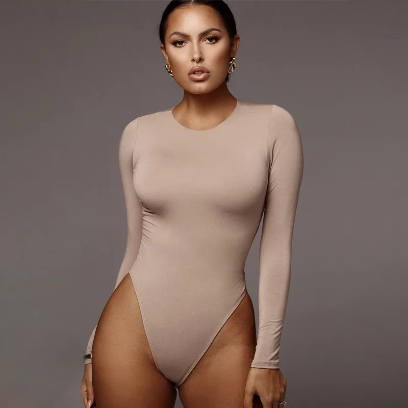 Women's O neck Long sleeved Solid Color Sexy Bodysuit Apricot - Shop at LoveMi