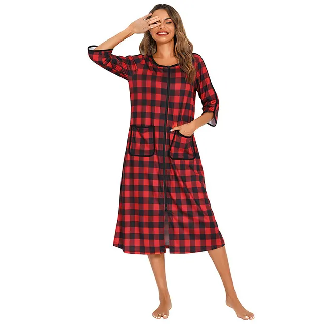Women's Zipper Shirt Pajamas Home Service Check Red - Shop at LoveMi