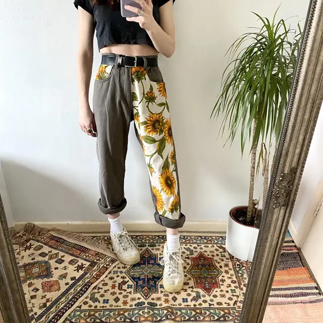European And American New Style Casual Print Stitching Straight Leg Loose Trousers Women Grey - Shop at LoveMi