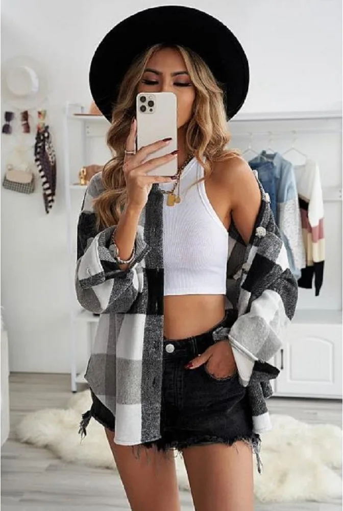 Casual Long sleeved Lapel Loose fitting Blouse Plaid Woolen Coat Grey - Shop at LoveMi
