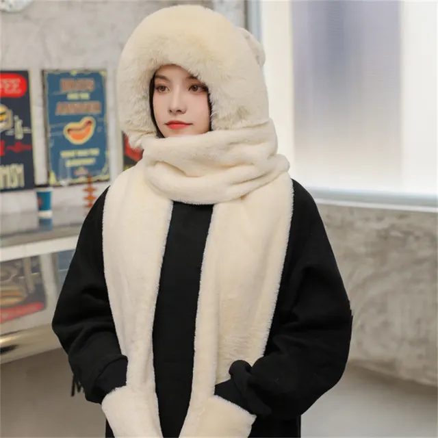 Cute Plush Thermal Ear Protection Hooded Scarf Eaves Beige - Shop at LoveMi
