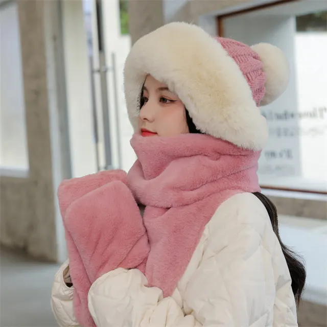 Cute Plush Thermal Ear Protection Hooded Scarf Eaves Pink - Shop at LoveMi