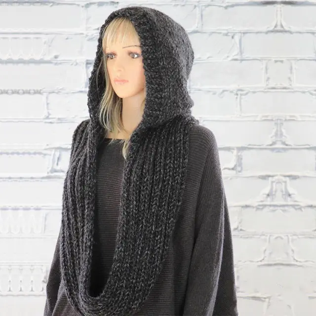 European And American Fashion Hooded Bib Women Pure Color Woolen Knitted Scarf Black - Shop at LoveMi