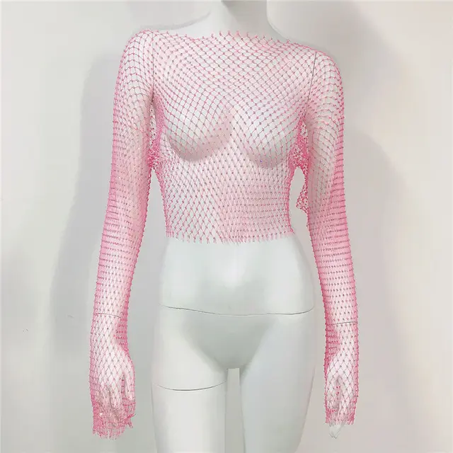 Women's Mesh Round Neck Long sleeved Top See through Fishnet Rose Red - Shop at LoveMi