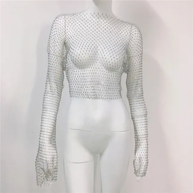 Women's Mesh Round Neck Long sleeved Top See through Fishnet Silver - Shop at LoveMi