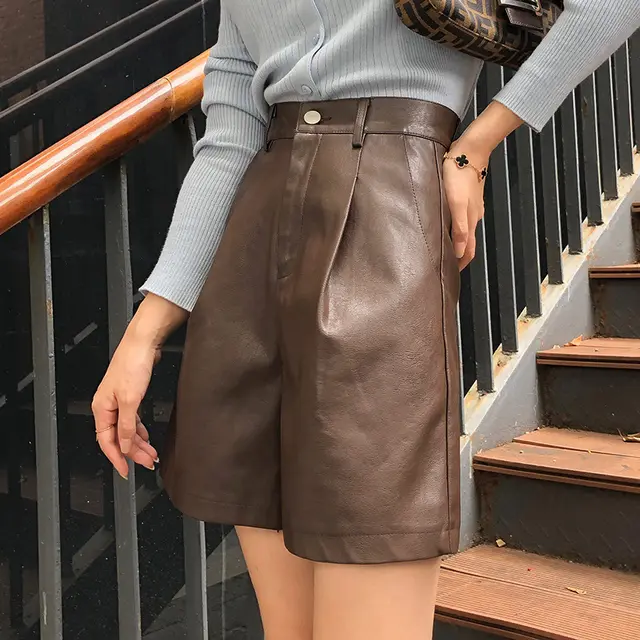 Women Wear Five point Wide legged High waist Pu Leather Pants Coffee - Shop at LoveMi