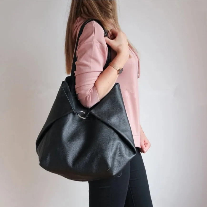 New Large Women Soft Leather Large Capacity One shoulder Portable Tote Bag Black - Shop at LoveMi