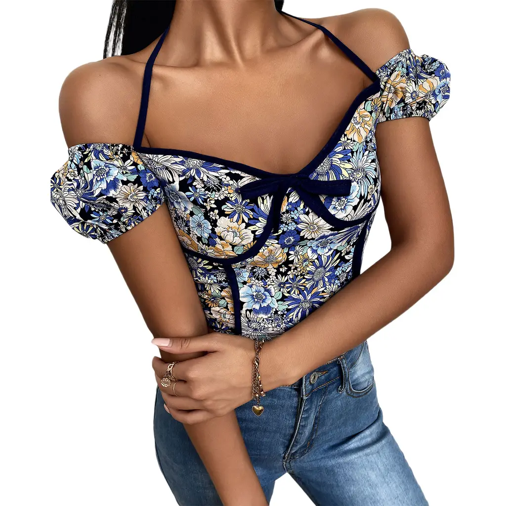 Satin-trimmed Sexy Sling Halter Neck Bow Tie Top - Color