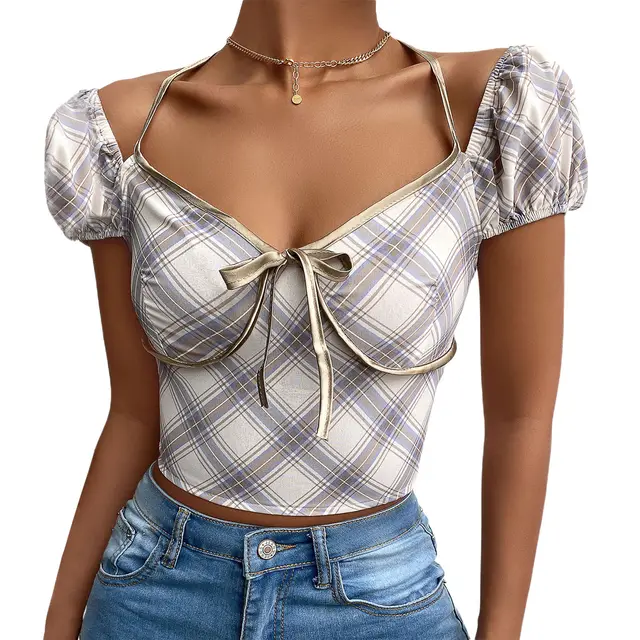 Satin trimmed Sexy Sling Halter Neck Bow Tie Top Gray - Shop at LoveMi