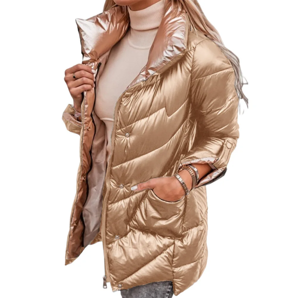 New Style Ladies Pure Color Glossy Stretchable Sleeves Zipper Cardigan Cotton Jersey Champagne - Shop at LoveMi