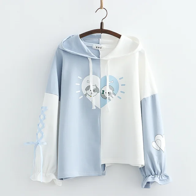 Left And Right Stitching Love Dog Print Hooded Girlfriend Jacket Light Blue - Shop at LoveMi