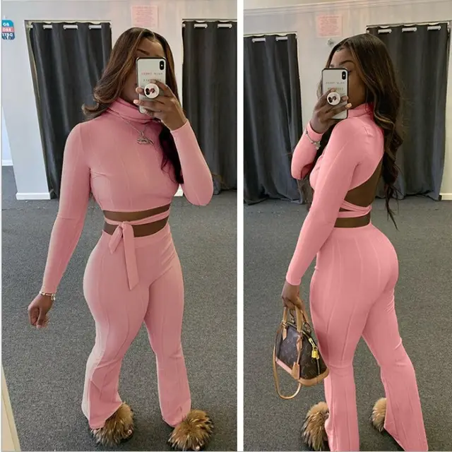 European And American Autumn Pits Fashion Casual High neck Buttocks Flared Pants Suit Pink - Shop at LoveMi