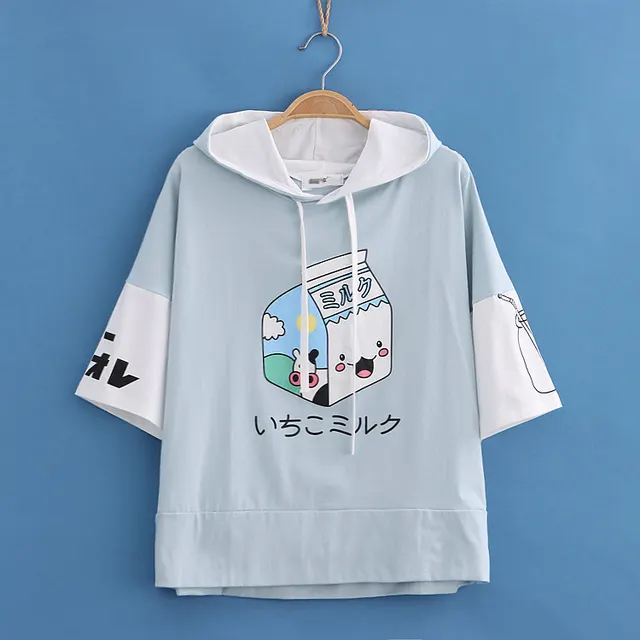Childlike Sweet Milk Carton Print Hooded Colorblock Short Sleeve Hoodie Blue - Shop at LoveMi