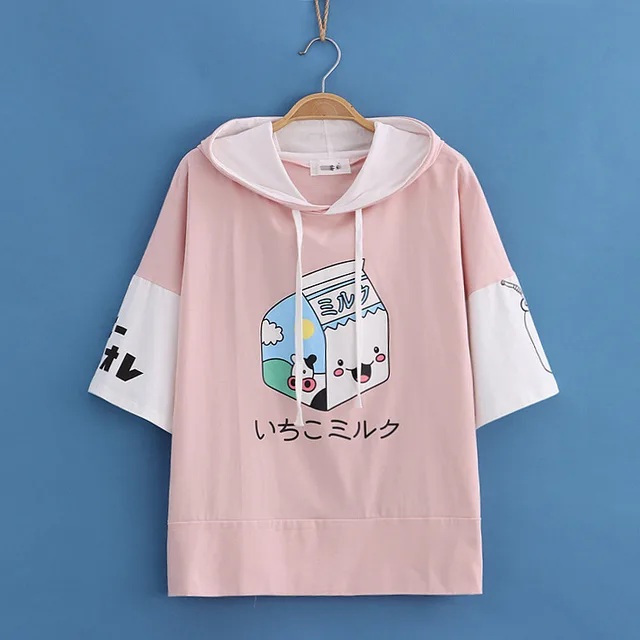 Childlike Sweet Milk Carton Print Hooded Colorblock Short Sleeve Hoodie Pink - Shop at LoveMi