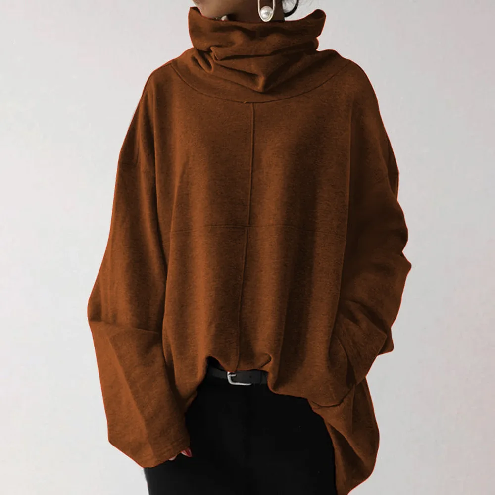 Women New Loose High Neck Pullover Sweater Coffee - Shop at LoveMi