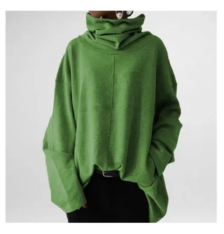 Women New Loose High Neck Pullover Sweater - Green