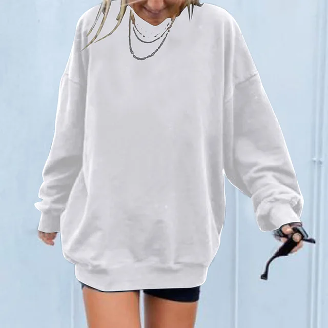 Letter Print Hoodless Sweater Women's Solid Color Loose Pullover White - Shop at LoveMi
