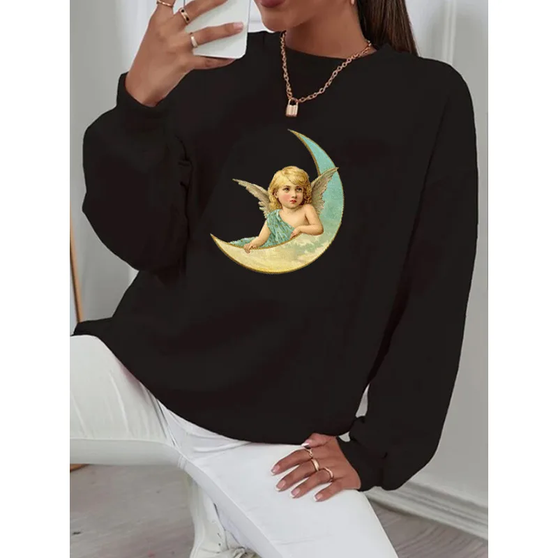 New Trendy Brand Cartoon Moon Printing Loose Casual Ladies Sweater Black - Shop at LoveMi