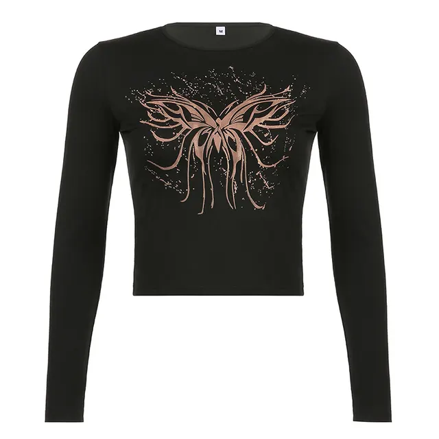 Sexy Butterfly Print Slim Round Neck Long Sleeve T shirt Women Black - Shop at LoveMi