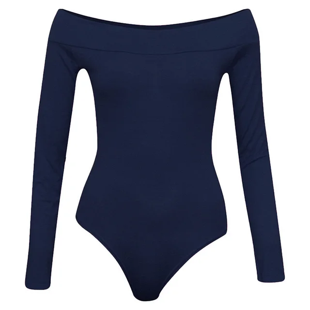 Loose Solid Women Off Shoulder Bodysuit Top Stretch Autumn Blue - Shop at LoveMi