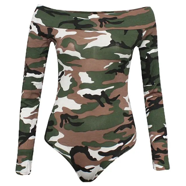 Loose Solid Women Off Shoulder Bodysuit Top Stretch Autumn Camouflage Print - Shop at LoveMi