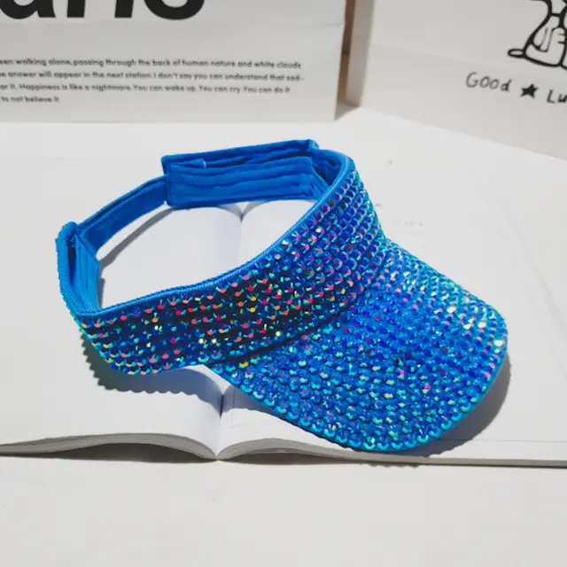 Rhinestone Breathable Big Brim Hollow Top Ladies Outdoor Riding Sun Hat Blue - Shop at LoveMi