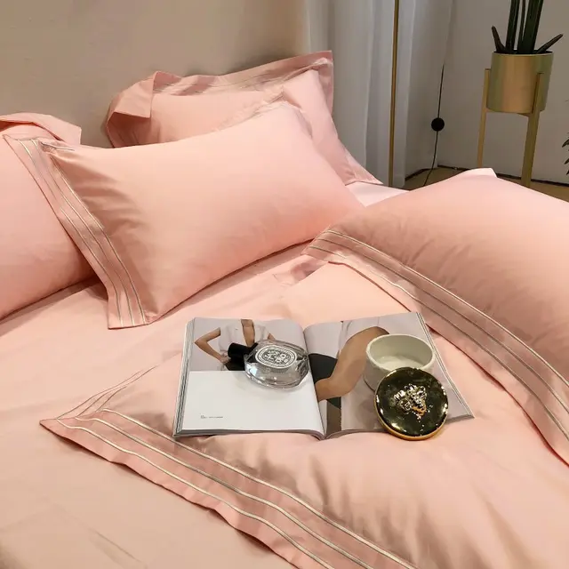 Pure Cotton Four piece Simple Solid Color Embroidery Quilt Cover Xian Peach Powder - Shop at LoveMi