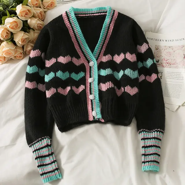 Sweet Wind Heart shaped Print Short Slim Knit Sweater Women Black - Shop at LoveMi