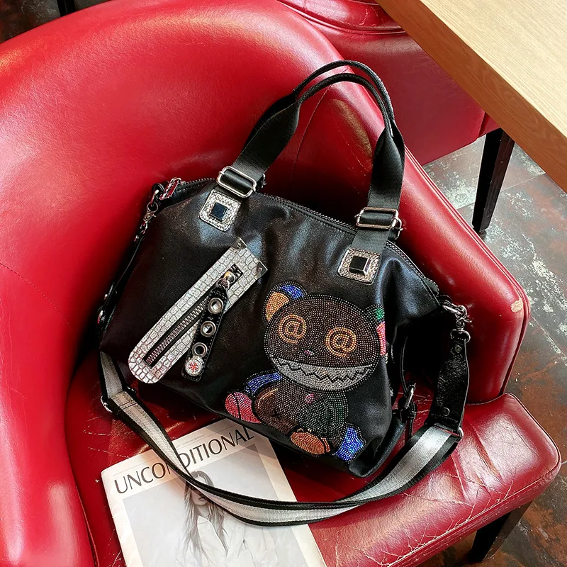 Large capacity Soft Leather Hot Drilling Single shoulder Diagonal Bag Black - Shop at LoveMi