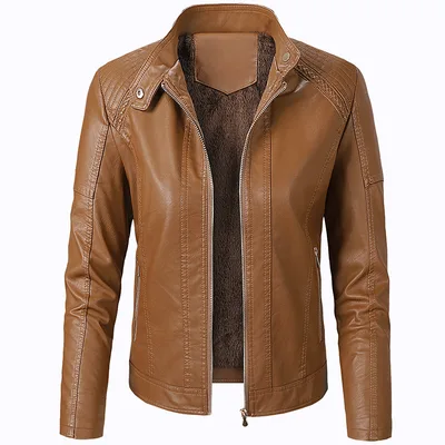 Long Sleeve Ladies Leather Jacket Pu Leather Women Short Brown - Shop at LoveMi