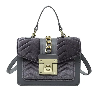 New Fashion Velvet Ladies Portable Lock One shoulder Messenger Bag Grey - Shop at LoveMi