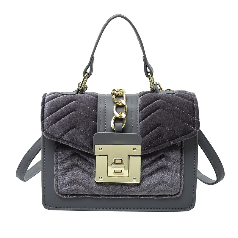 New Fashion Velvet Ladies Portable Lock One shoulder Messenger Bag Grey - Shop at LoveMi
