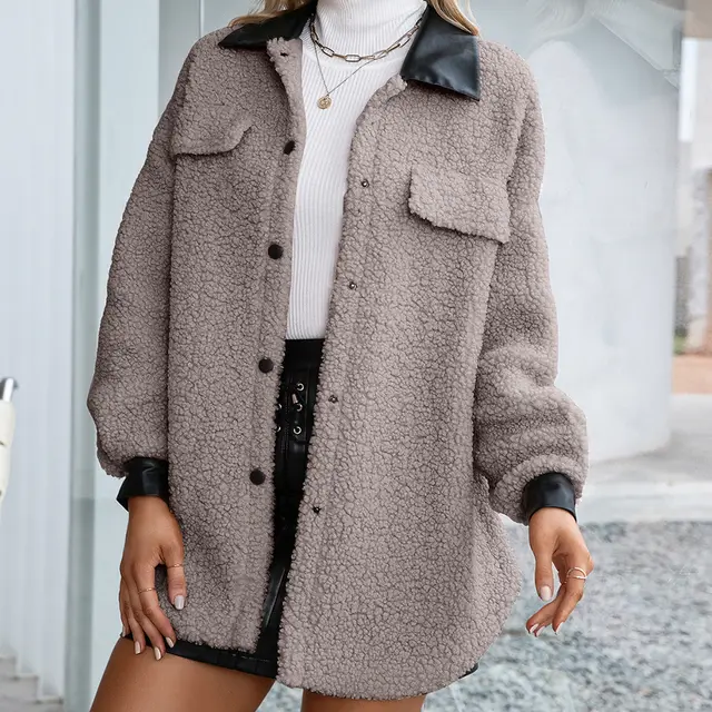 Lapel Cardigan Plush PU Long Single Breasted Trench Coat Light Brown - Shop at LoveMi