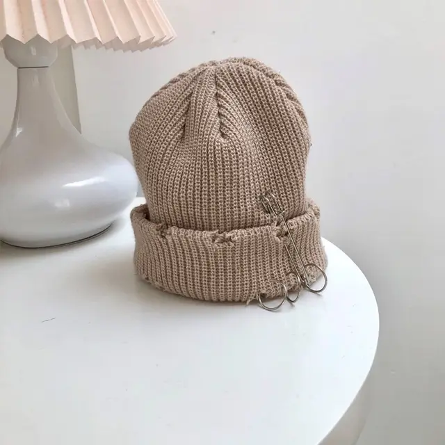 Ring Pin Woolen Cap Hole Edging Beige - Shop at LoveMi