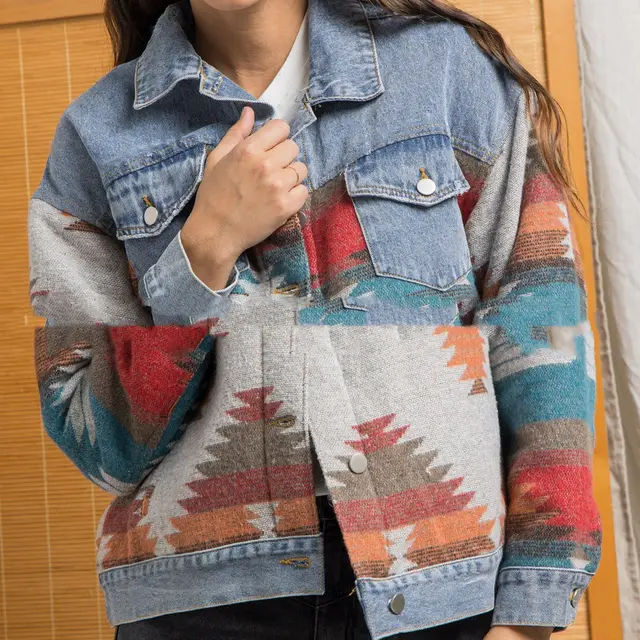 Long sleeved Lapel Loose Denim Stitching Woolen Coat Blue - Shop at LoveMi