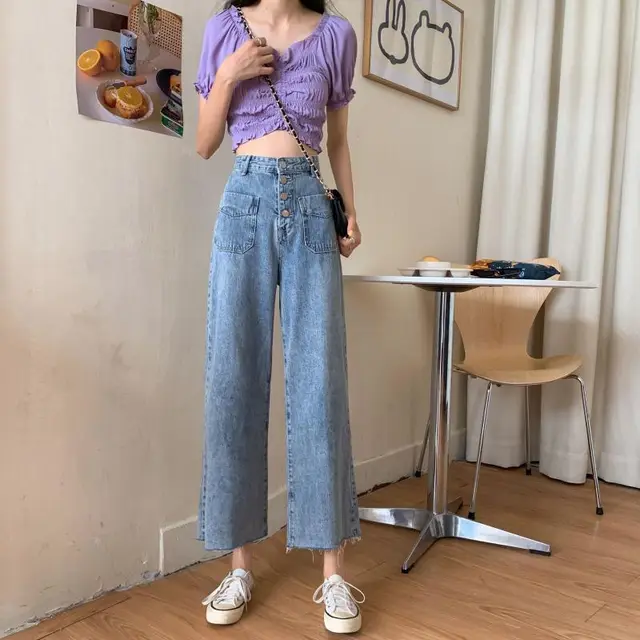 Women's High waist Straight leg Pants Loose Jeans Blue - Shop at LoveMi