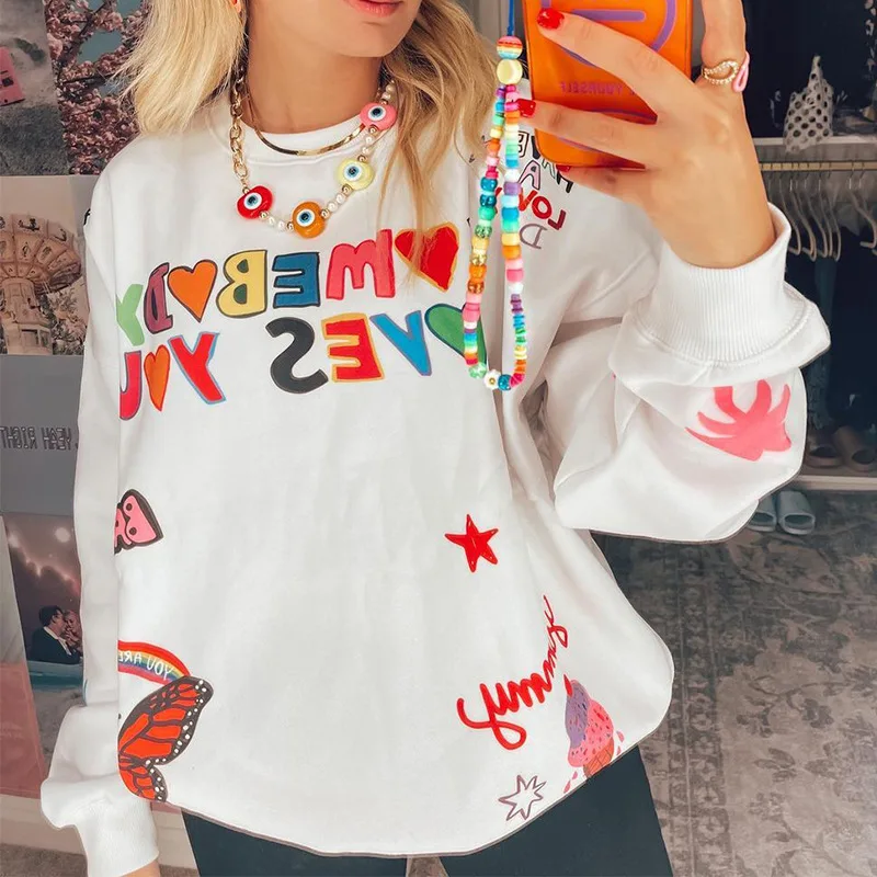Printed Loose Sweater Pullover Fashion Casual Long sleeved Top White - Shop at LoveMi