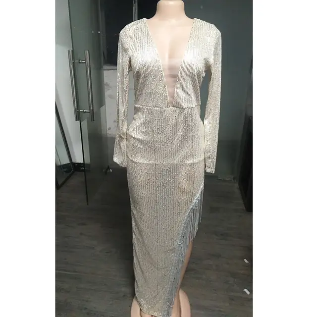 Deep V Long Sleeve Side Split Sexy Asymmetrical Dress Silver Grey - Shop at LoveMi