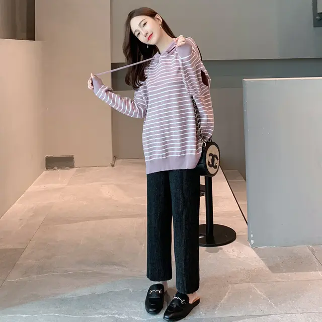 Nursing Clothing Out Two piece Knitted Wide leg Pants Purple Suit - Shop at LoveMi