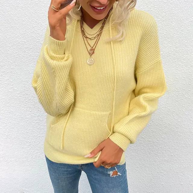Sweater Women's Solid Color Knitted Jacket With Hooded Pockets Yellow - Shop at LoveMi