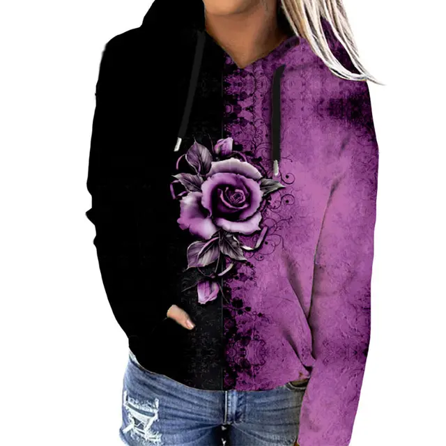 Women's Printed Autumn And Winter Loose Hooded Sweater Coat Purple - Shop at LoveMi
