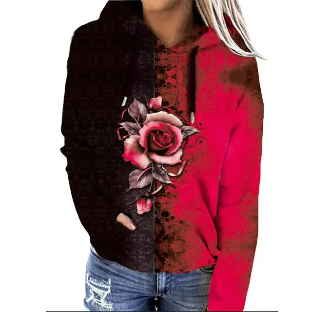 Women's Printed Autumn And Winter Loose Hooded Sweater Coat Red - Shop at LoveMi