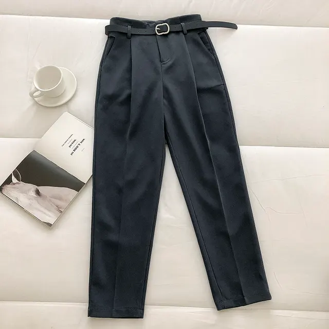 Casual Solid Color Harem Pants Women With Belt Grey Blue - Shop at LoveMi