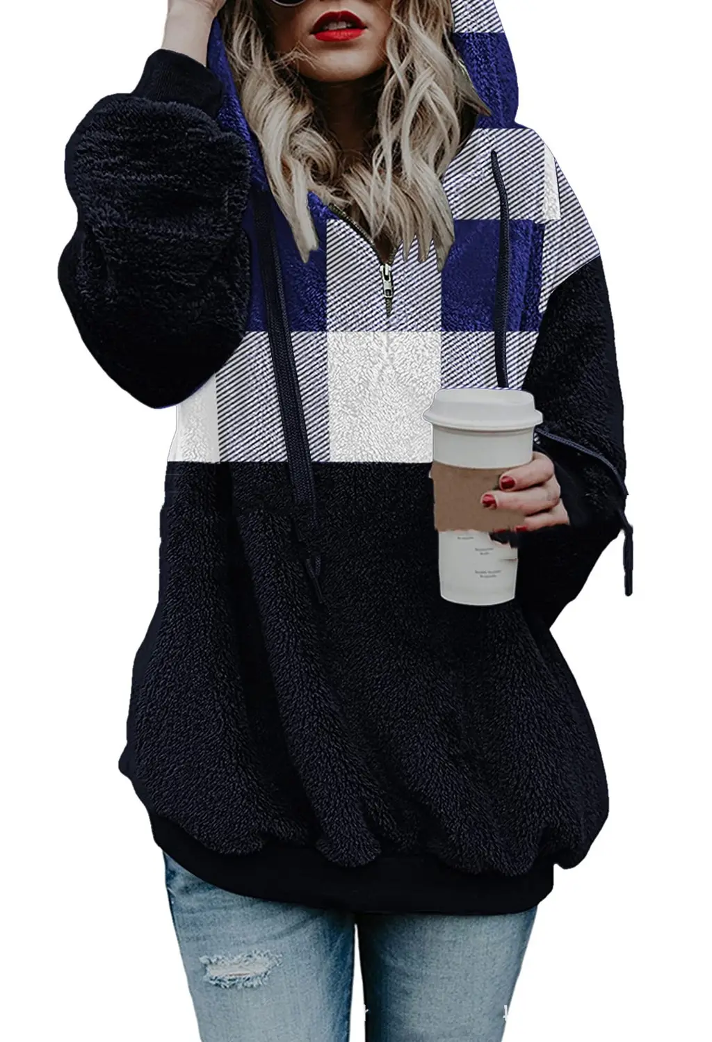 Sweater Women's Long-sleeved Hooded Plush Plaid Top - Blue Stitching