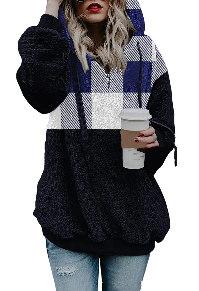 Sweater Women's Long sleeved Hooded Plush Plaid Top Blue Stitching - Shop at LoveMi