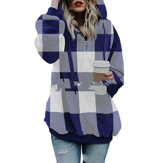 Sweater Women's Long sleeved Hooded Plush Plaid Top Blue - Shop at LoveMi
