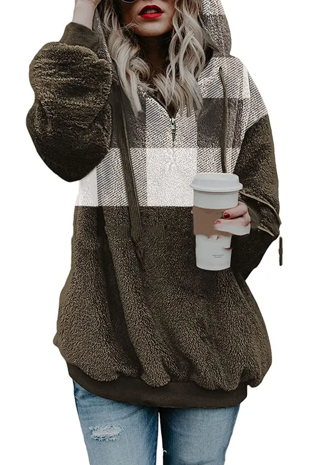 Sweater Women's Long sleeved Hooded Plush Plaid Top Khaki Stitching - Shop at LoveMi