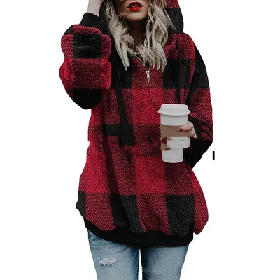 Sweater Women's Long sleeved Hooded Plush Plaid Top Red - Shop at LoveMi
